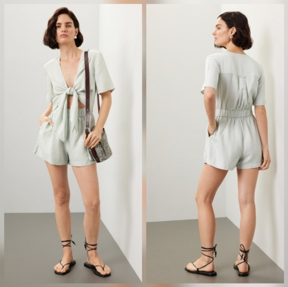 Thakoon Mint Tie Waist Romper In Green linen Cap Sleeves Plunge Neck Size 4